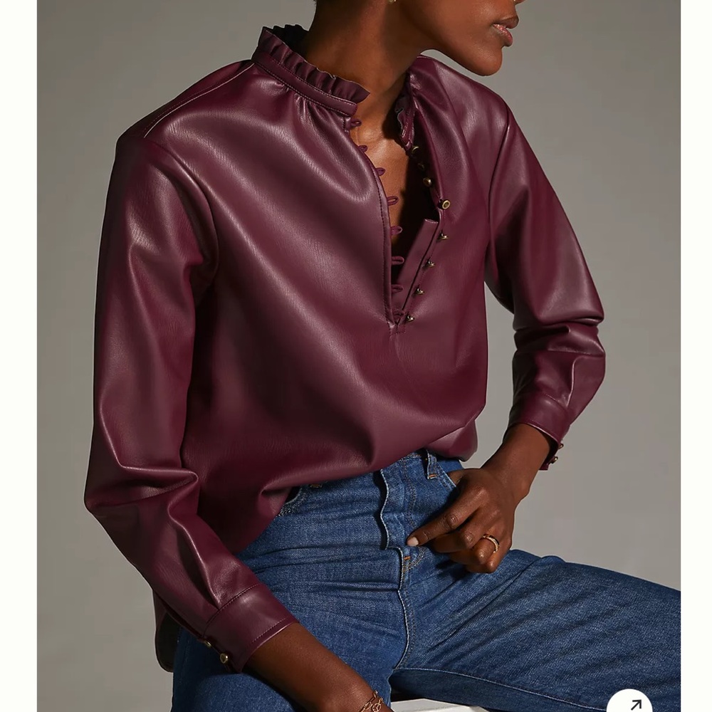 Anthropologie Pilcro Maroon Wine Faux Leather Blouse size Large
